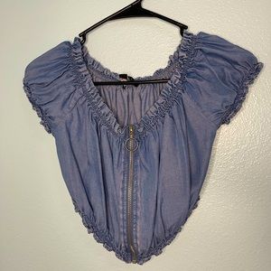 Off the shoulder denim zip up crop top
